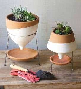 Natural and White Terracotta Funnel Planter with Wire Base