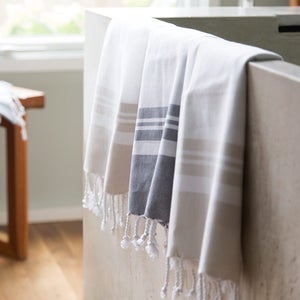 Fringed Turkish Cotton Stripe Bath Towel - Beige