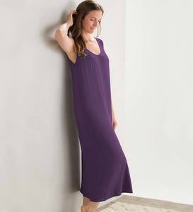 Eco-Weave Pleated V Neck Long Night Gown - Purple - Large