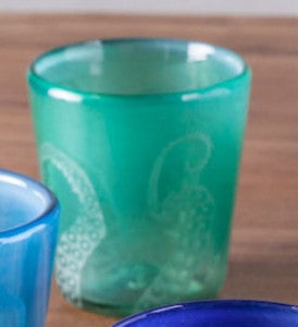Hand-Etched Recycled Glass Small Octopus Tumblers - Set of 4 - Turquoise