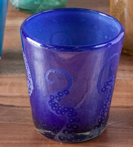 Hand-Etched Recycled Glass Small Octopus Tumblers - Set of 4 - Turquoise