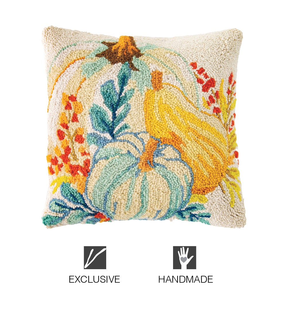 Pumpkin, Gourds, and Flowers Hand-Hooked Wool Decorative Throw Pillow, 16"Sq.