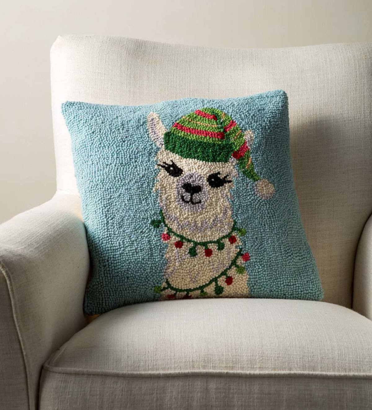 Decked Out Llama Hand-Hooked Wool Pillow