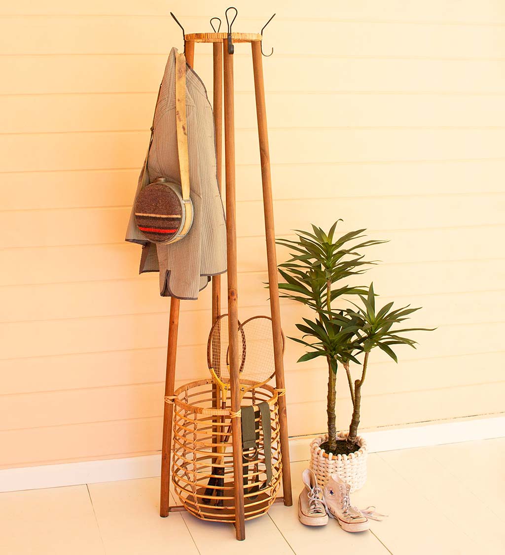 Rattan Coat Rack with Umbrella Basket