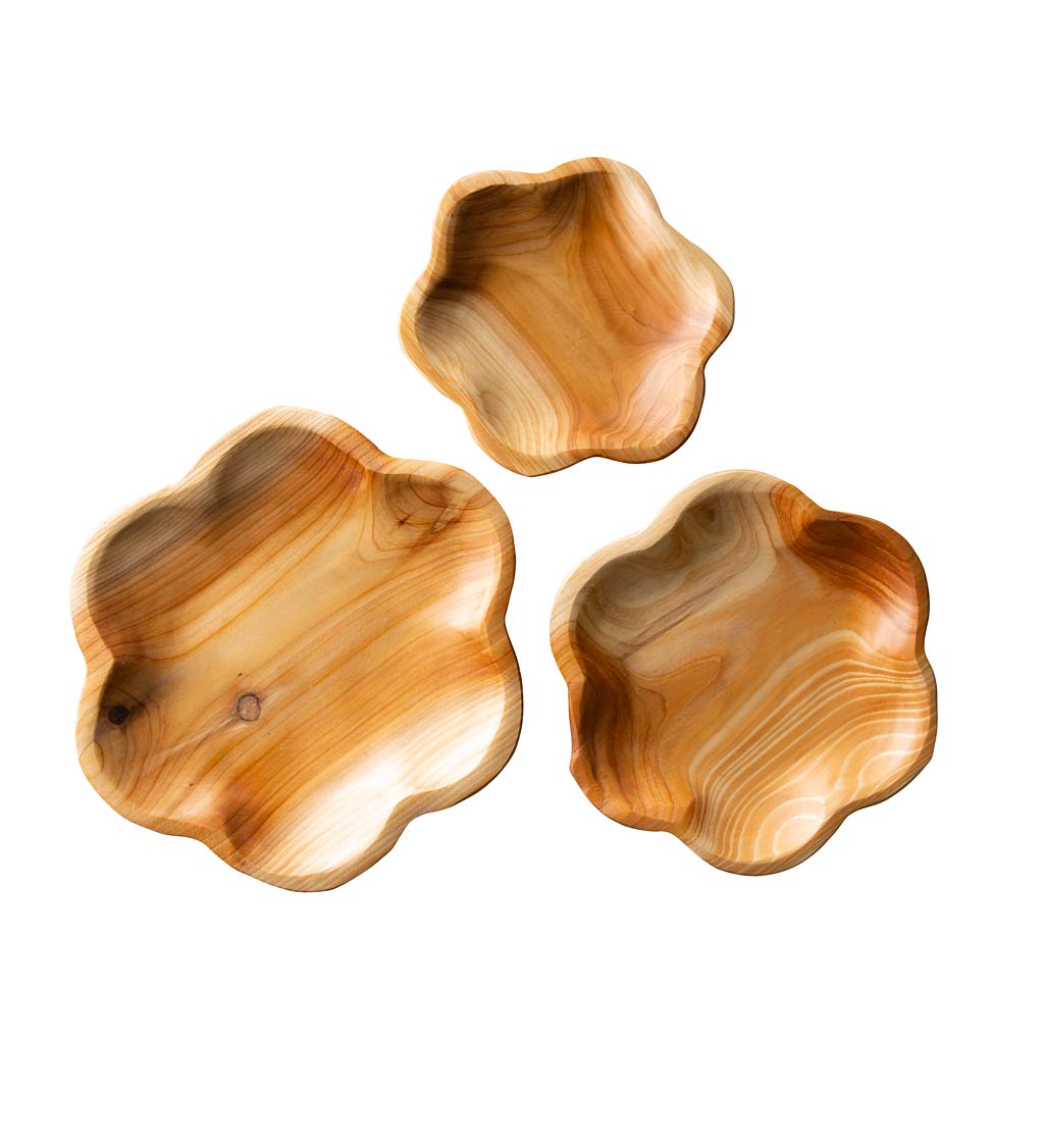 Hand-Carved Wooden Flower Shaped Serving Trays, Set of 3