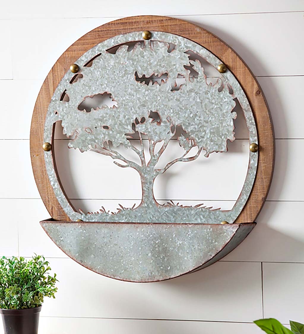 Round Tree of Life Wood and Metal Wall Planter