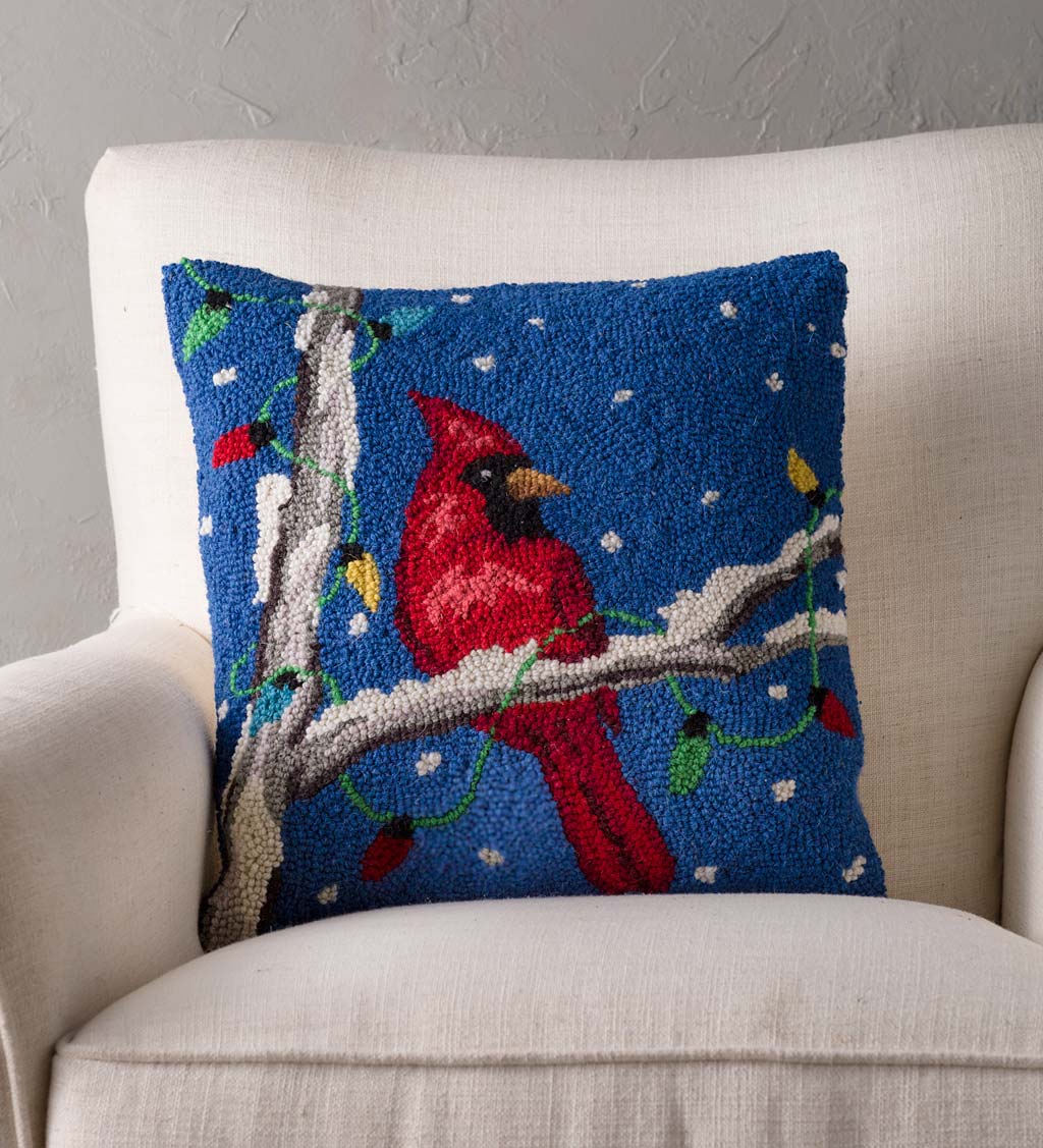 Hand-Hooked Red Cardinal Pillow