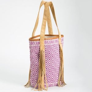 Handwoven Leather Fringe Patterned Tote - Purple