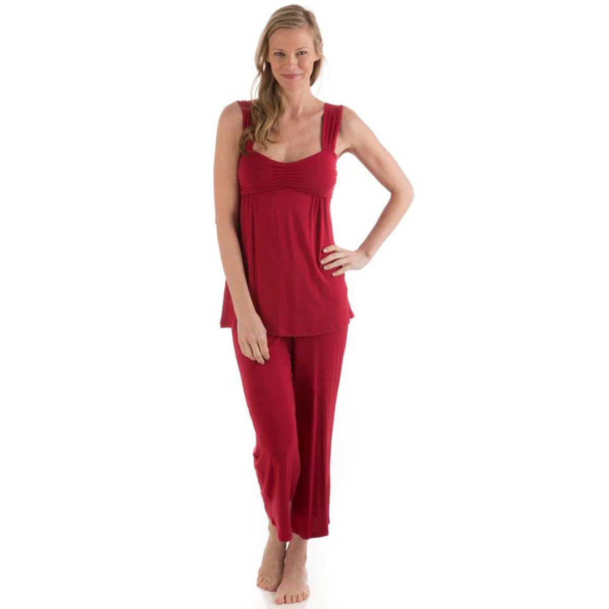 Eco-Weave Sleeveless Ruched Bodice Top & Cropped Pant Pajama Set - Cranberry - Small
