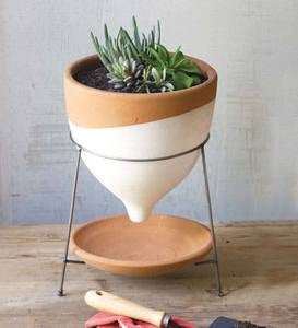 Natural and White Terracotta Funnel Planter with Wire Base- Large