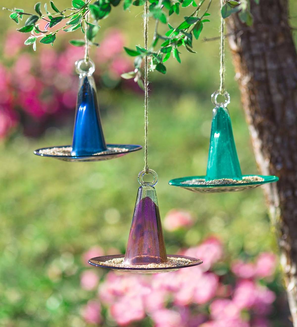 Sienna Glass Blue Circle Hanging Bird Feeder Handmade Garden Outdoor Ornament 