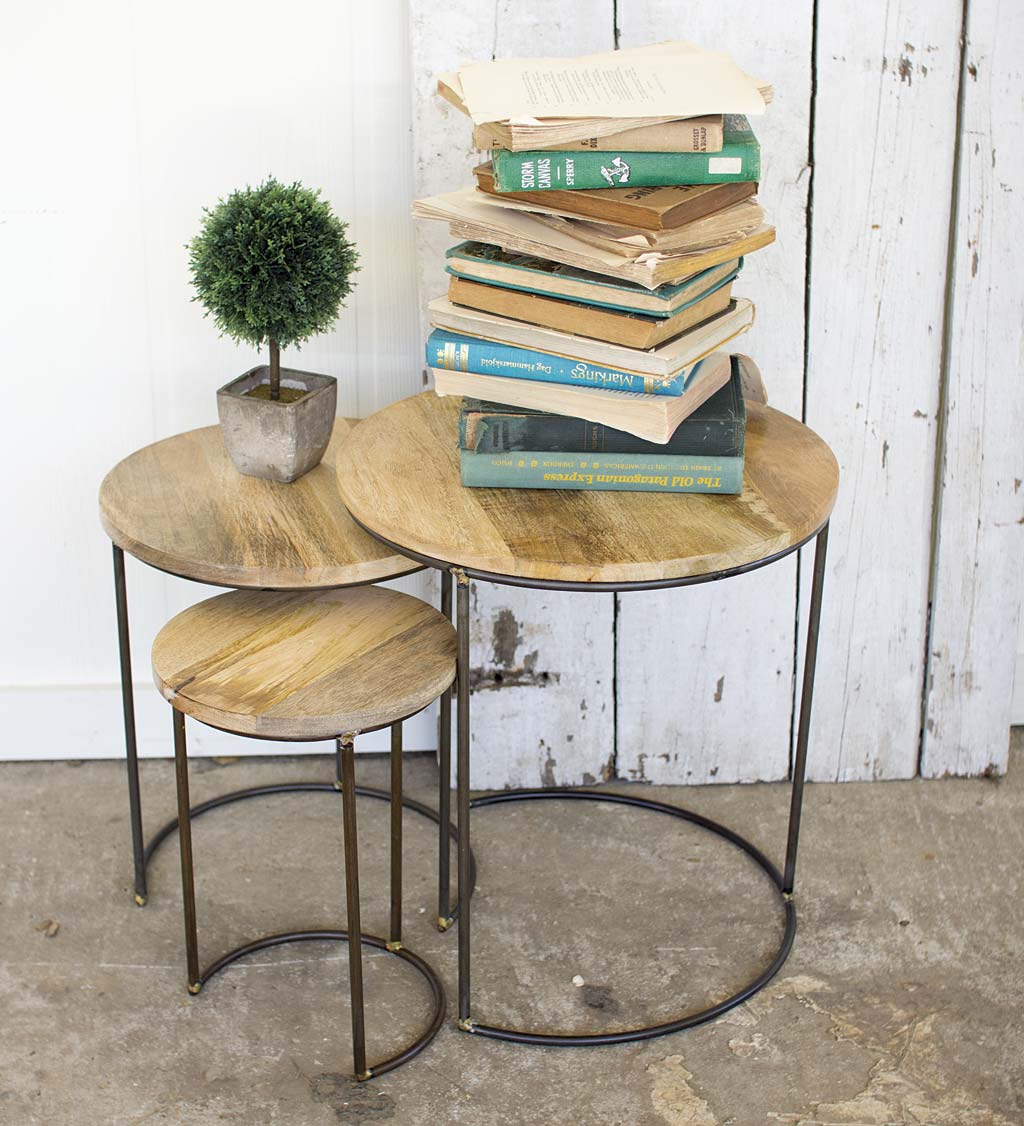 Iron and Mango Wood Top Nesting Tables, Set of 3