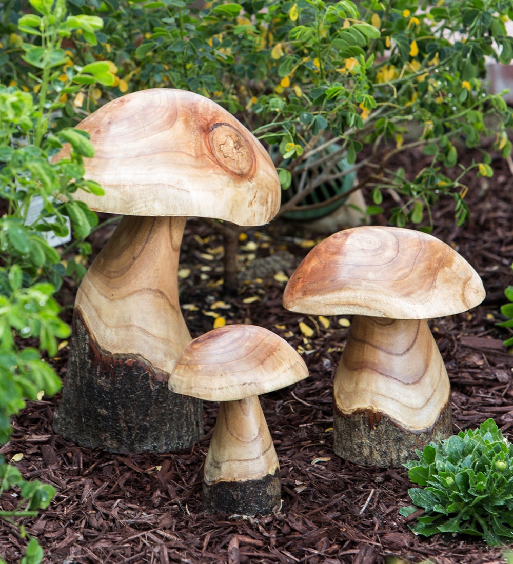 Indoor/ Outdoor Pinewood Mushroom Sculptures, Set of 3