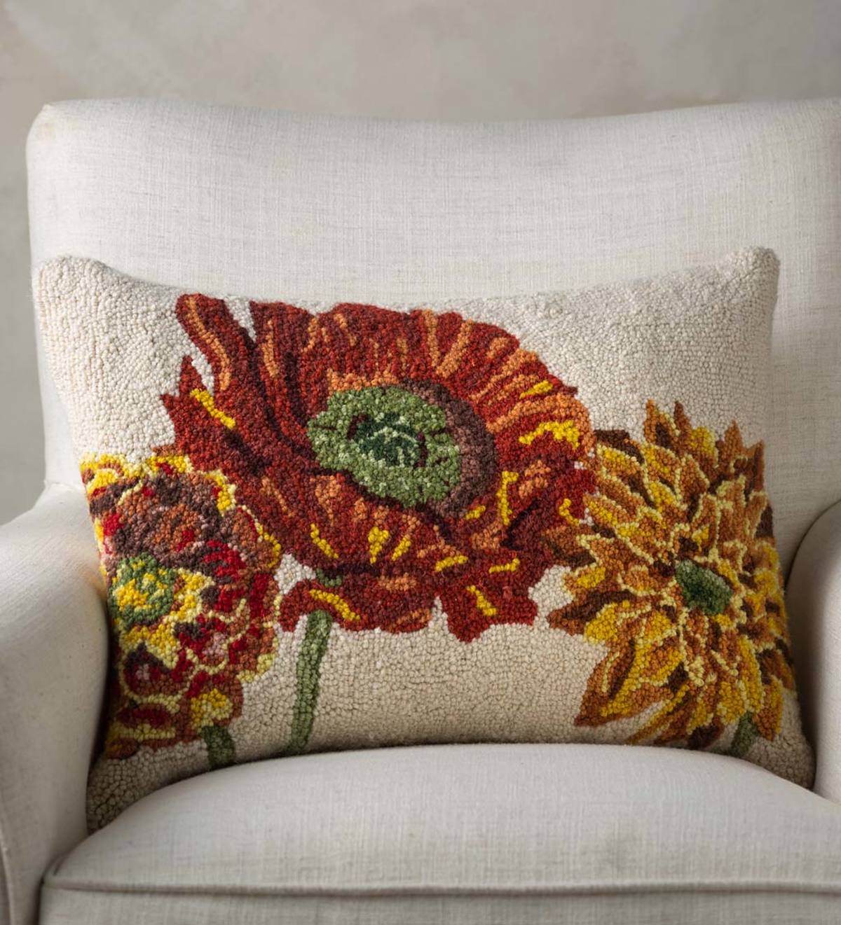 3 Fall Flowers Hand-Hooked Wool Decorative Throw Pillow | Eligible for ...