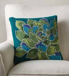 Succulent Hand-hooked Wool Pillow, Green