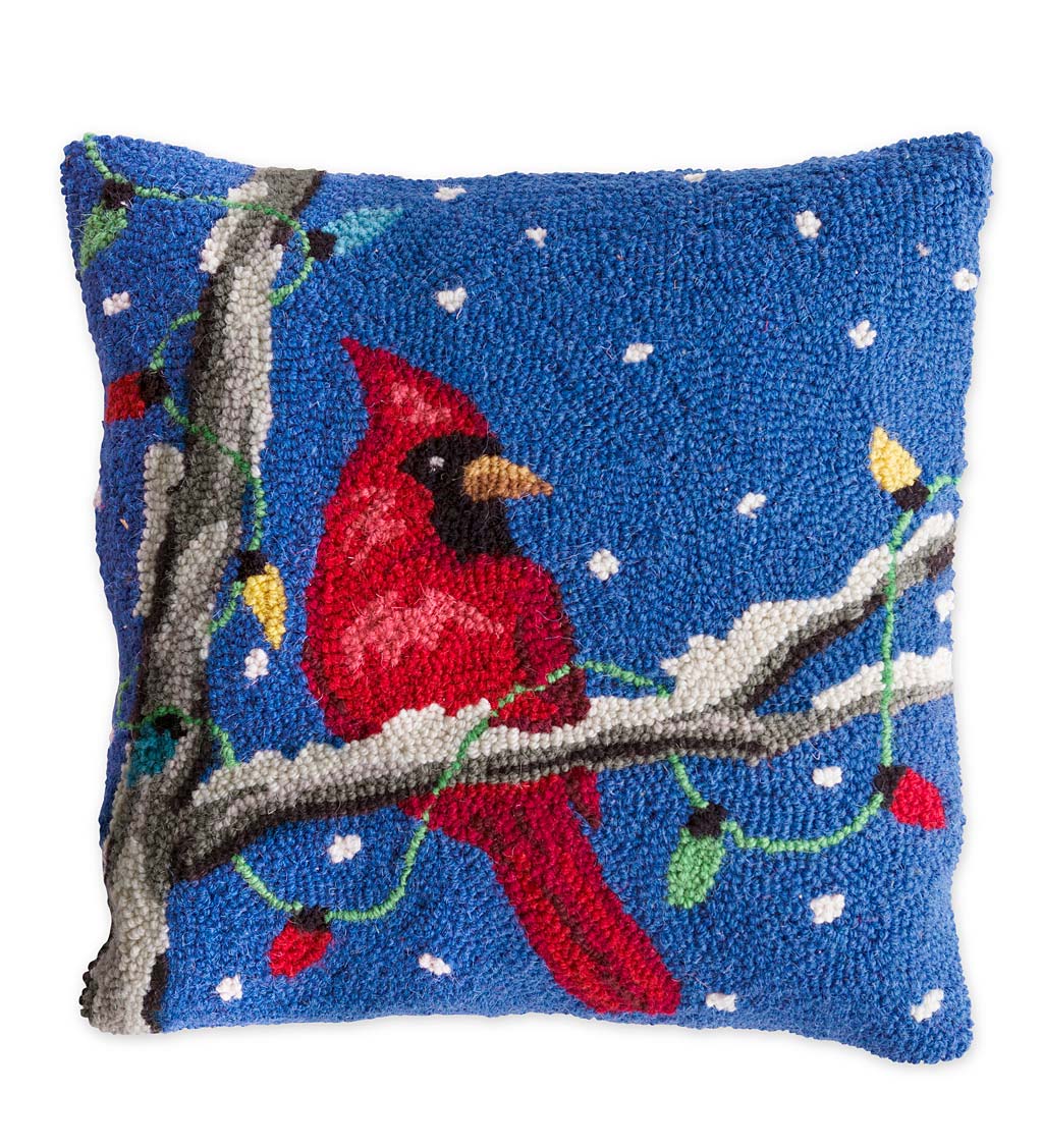 Hand-Hooked Red Cardinal Pillow