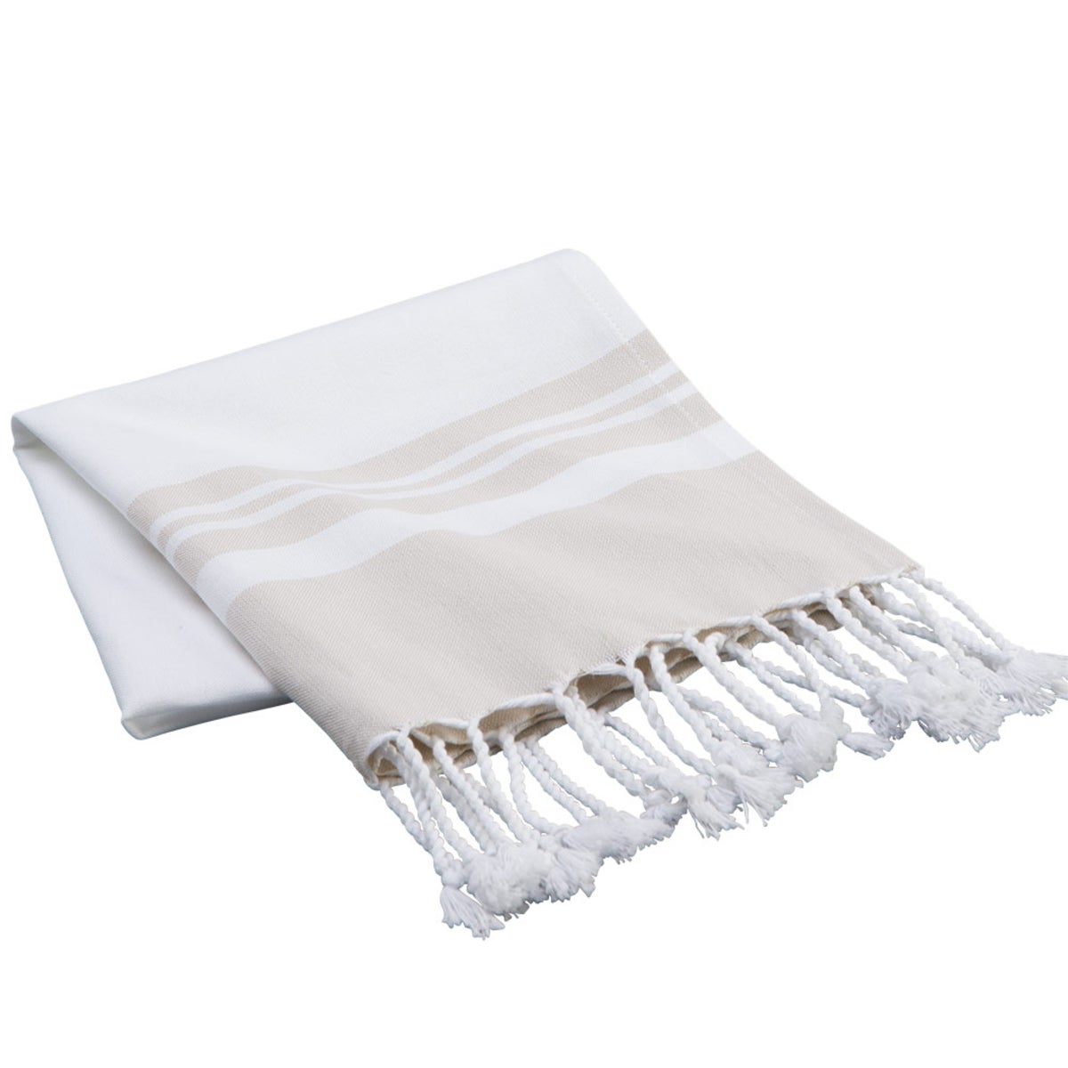 Fringed Turkish Cotton Stripe Bath Towel - Beige