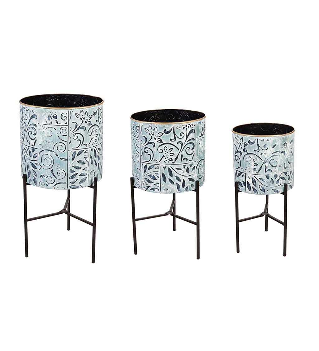 Painted Metal Planters with Stand, Set of 3