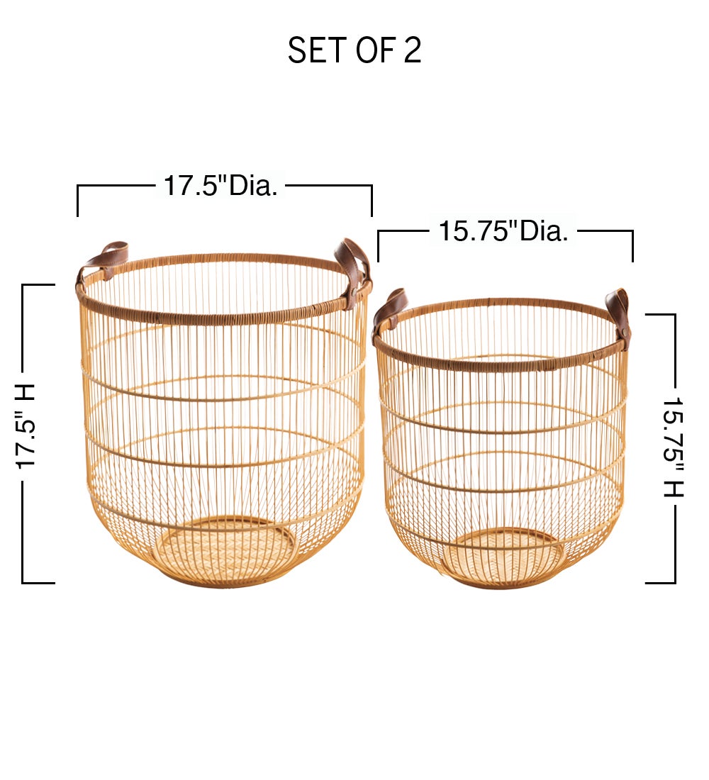 Bamboo Baskets with Faux Leather Handles, Set of 2