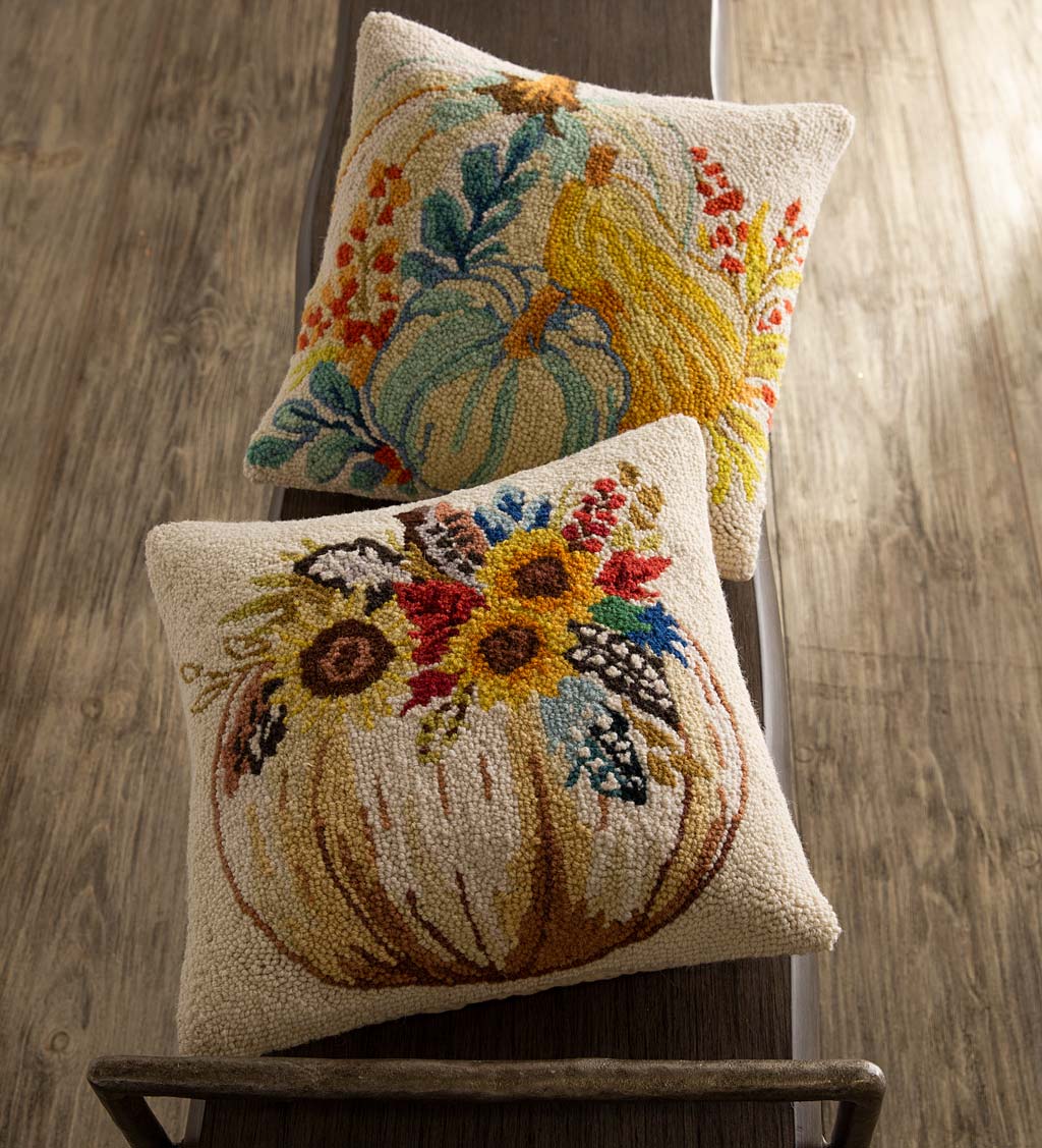 Pumpkin, Gourds, and Flowers Hand-Hooked Wool Decorative Throw Pillow, 16"Sq.