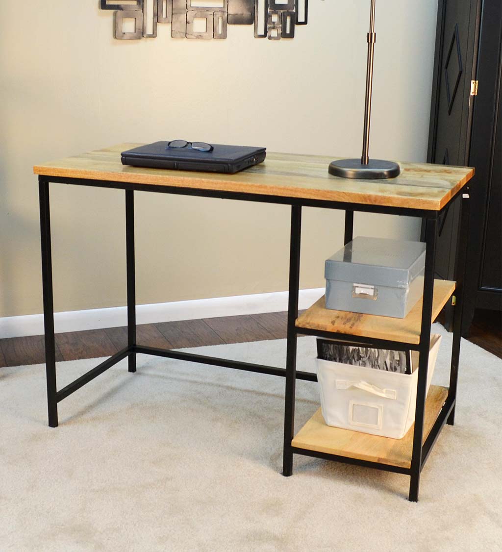 Industrial-Style Mango Wood and Metal Desk with Shelves