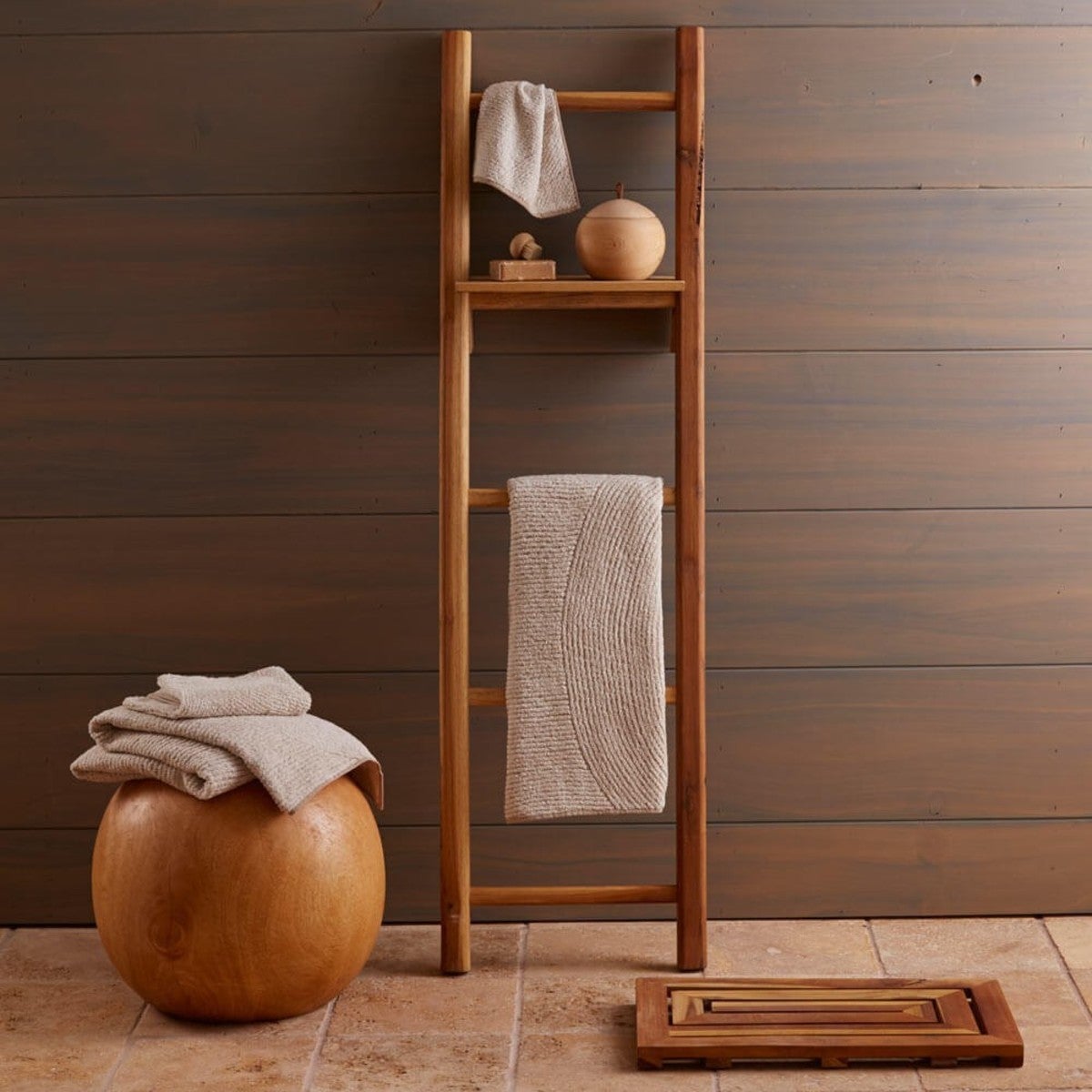 150cm Natural Handmade Wooden Teak Bathroom Towel Rack Linen Rail Holder Ladder 