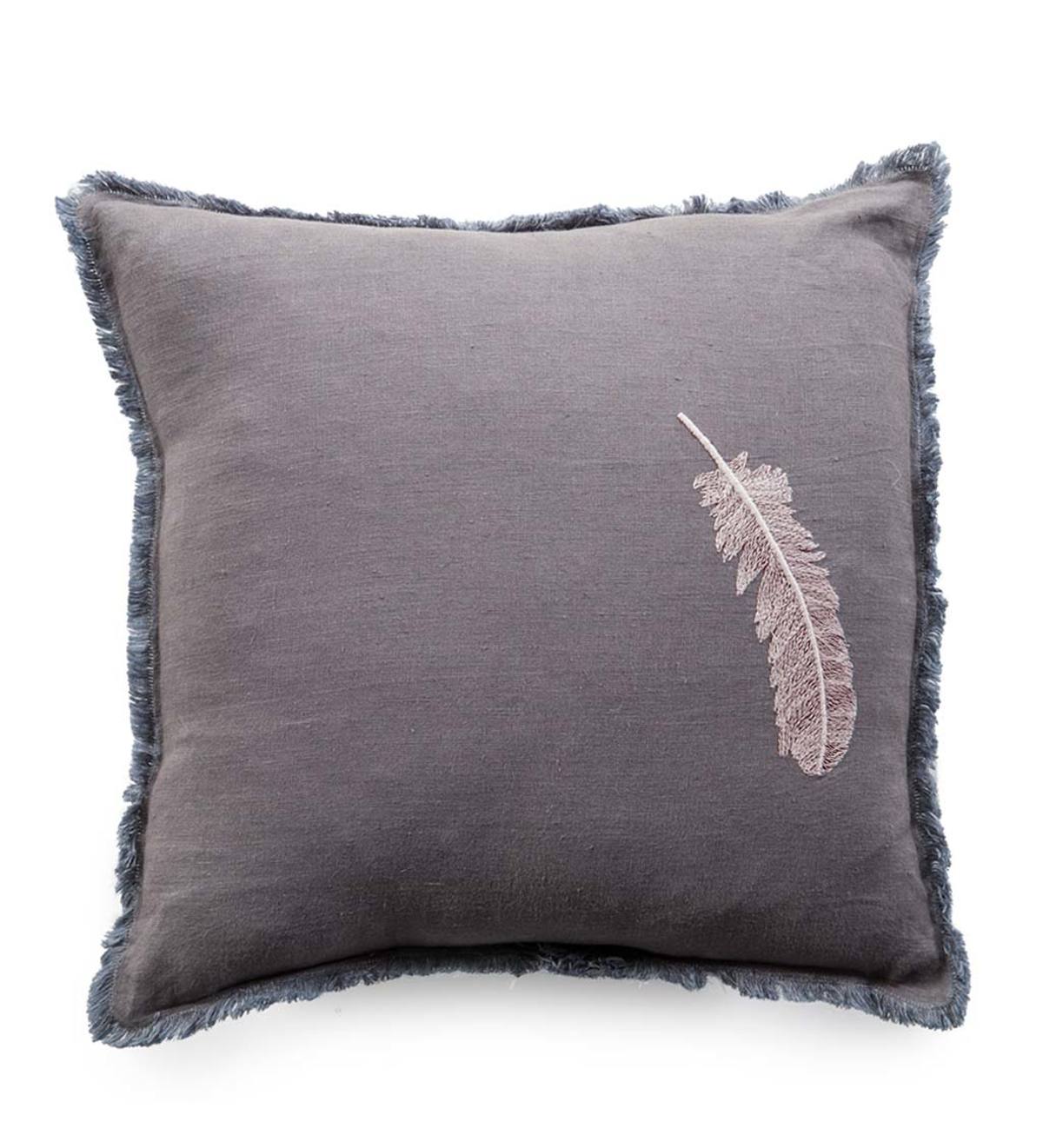 Natural Linen Embroidered Feather Pillow Cover, 14" sq. - Charcoal