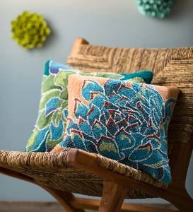 Succulent Hand-hooked Wool Pillow, Blue