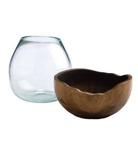 Blown Glass Vase with Teak Base