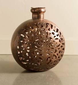 Large Handcrafted Tree of Life Metal Candle Lantern - Brass