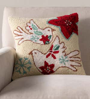 Two Doves Holiday Hand-Hooked Wool Pillow, 16